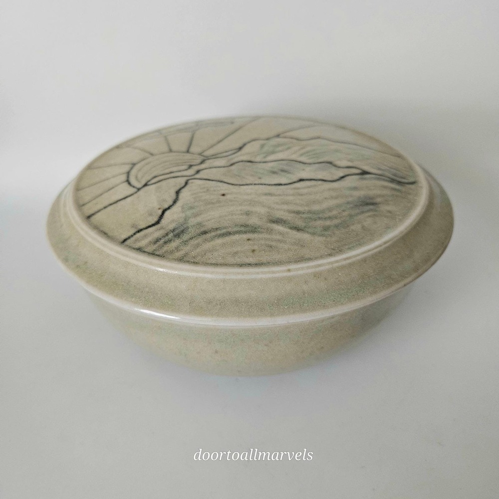 Vintage Studio Pottery Covered Serving Bowl Rising Sun Over the Mountains